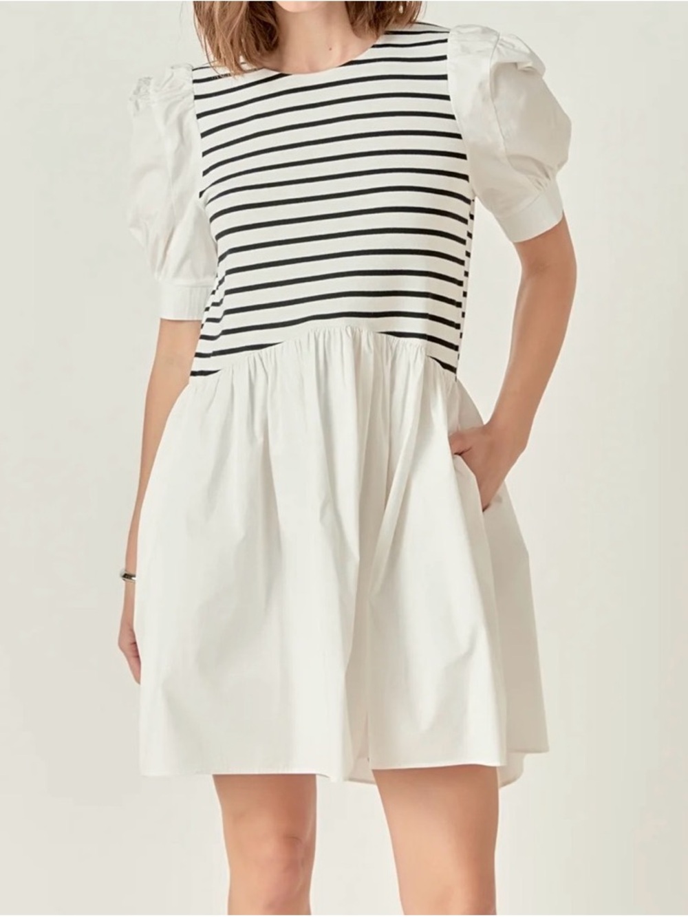 English Factory White Mini Dress with Black Striped Bodice